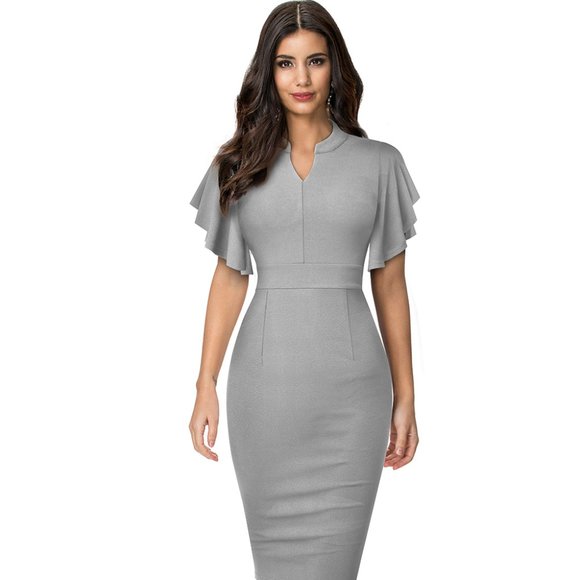 Notched Neck Flutter Sleeve Pencil Dress - Picture 1 of 7